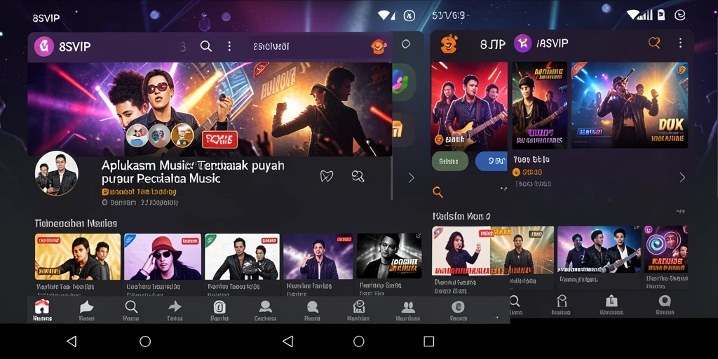 Screenshot aplikasi 8SVIP menunjukkan fitur menarik dan koleksi lagu.