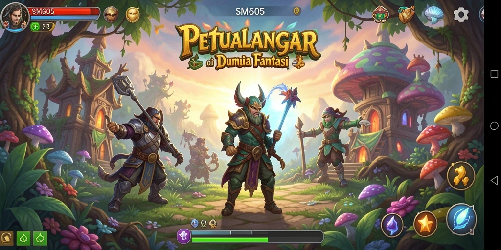 Tangkapan layar dari gameplay SM605 menampilkan karakter utama dalam petualangan epik.