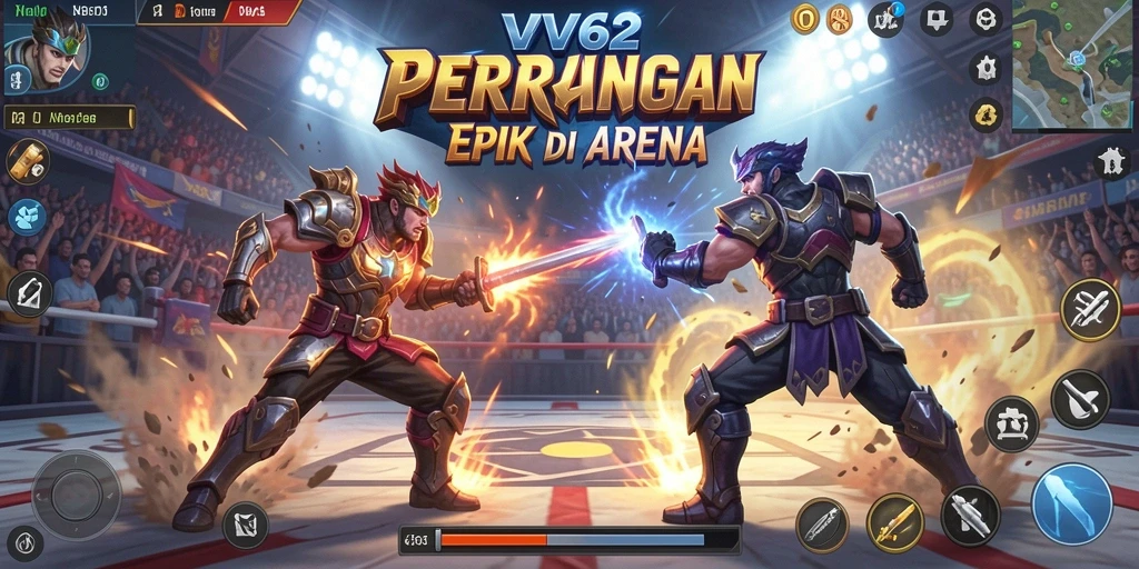 Screenshot gameplay VV62 menampilkan pertarungan seru dan karakter dinamis.